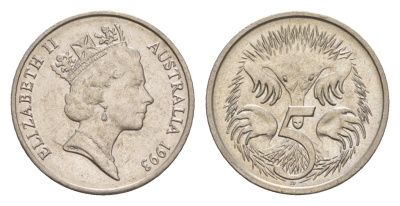 Австралия 5 центов 1993 Елизавета II (1952-2022), ехидна KM 80 медно-никель UNC 4658-116