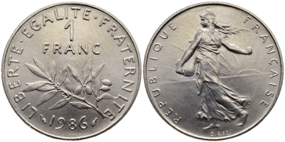 ФРАНЦИЯ 1 ФРАНК 1986 СЕЯТЕЛЬ, тираж 15000 экземпляров KM 925.1 никель UNC 1526-1334