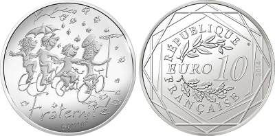 Франция 10 евро 2014 карикатуры Жан-Жака Сампе, осень-братство, дети с зонтом на велосипедах, в оригинальном буклете KM NEW серебро UNC 1-4-3-10