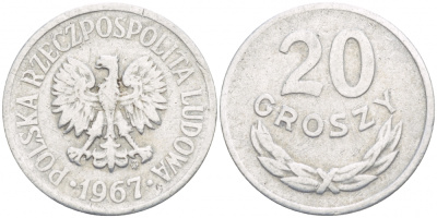 ПОЛЬША 20 ГРОШЕЙ 1967 MW KM А47 алюминий 4532-433