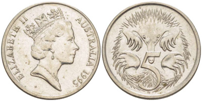АВСТРАЛИЯ 5 ЦЕНТОВ 1995 ЕЛИЗАВЕТА II, ВТОРОЙ ПОРТРЕТ В КОРОНЕ, ЕХИДНА KM 80 медно-никель 4516-712