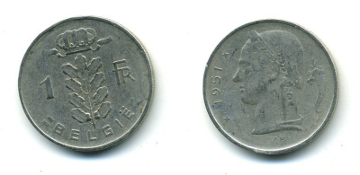 БЕЛЬГИЯ 1 ФРАНК 1951 BELGIQUE KM 142.1 медно-никель 57-441