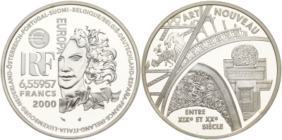 Франция 1 евро = 6,55957 франков 2000 стиль арт-нуво в архитектуре (XIX-XX веков) в оригинальной коробке, с сертификатом KM 1227 серебро PROOF 5-6-1-43