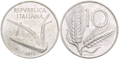 ИТАЛИЯ 10 ЛИР 1972 R, КОЛОСЬЯ, ПЛУГ KM 93 алюминий 4551-216