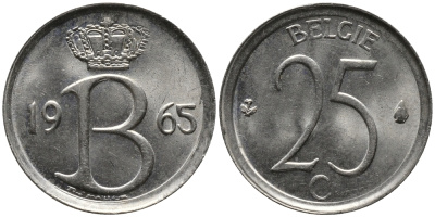 Бельгия 25 сантимов 1965 Belgie, Бодуэн I (1951-1993) KM 154.1 медно-никель 99-352