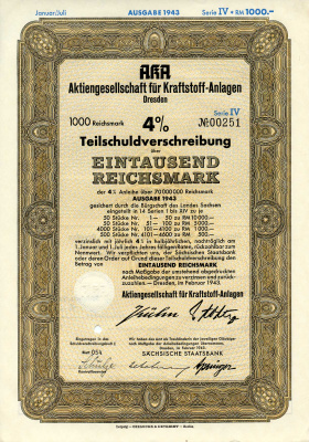 Германия 1000 рейхсмарок 1943 АО топливных заводов, Дрезден, также известное как AKA, 4%частичное обязательство, серия V, облигация   бумага   8802-58-1