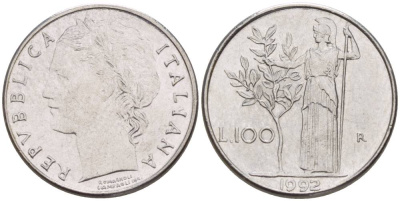 ИТАЛИЯ 100 ЛИР 1992 R, АФИНА У ОЛИВКОВОГО ДЕРЕВА, ДИАМЕТР 18 ММ. KM 96.2 нержавеющая сталь 4551-441