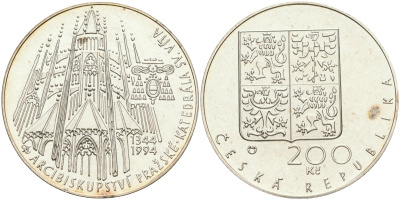 Чехия 200 крон 1994 650 лет Архиепархии и кафедральному собору Праги KM 11 серебро UNC 1099-3-65