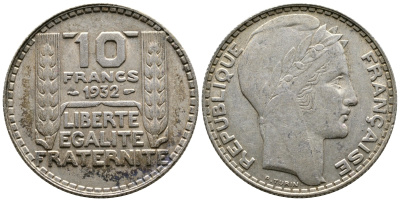 Франция 10 франков 1932 Пьер Тюрен KM 878, Le Franc 360.5 серебро 4683-1043