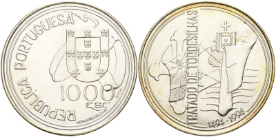 Португалия 1000 эскудо 1994 Тордесильясский договор 1494 года KM 675 серебро UNC 06-236-35