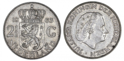 Нидерланды 2 1/2 гульдена 1963 Юлиана (1949-1980) KM 185 серебро 413-3644