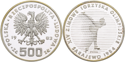 Польша 500 злотых 1983 MW, XIV зимние олимпийские игры в Сараево 1984 года, конькобежец, PROBA, пробный выпуск, тираж 6000 экземпляров KM Pr 496, Parchimowicz P.459a серебро PROOF 1085-1-65