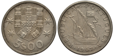 ПОРТУГАЛИЯ 5 ЭСКУДО 1967 ПАРУСНИК KM 591 медно-никель VF 4182-554