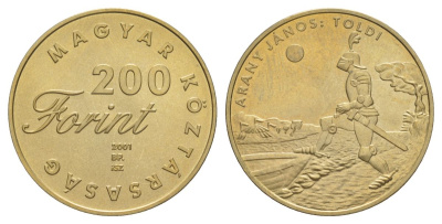 Венгрия 200 форинтов 2001 Детская литература - Янош Арань, "Толди" KM 756 латунь BU 4599-1145