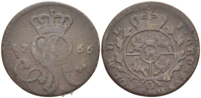 Польша 1 грош 1766 G, Станислав Август Понятовский (1764-1794), вес 3,34 гр. KM 177 (C38), Gumowski 2342 медь 1517-832