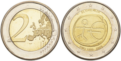 Словения 2 евро 2009 10 лет монетарной политике ЕС и введению евро KM 82 биметалл UNC 4111-634