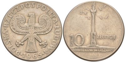 Польша 10 злотых 1965 MW, 700 лет Варшаве, Колонна Сигизмунда KM 55 медно-никель 4111-236