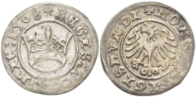 Польша, Краков 1/2 гроша 1508 Сигизмунд I Старый (1506-1548), вес 1 гр. Kopicki 408, Gumowski 480 серебро 1517-143