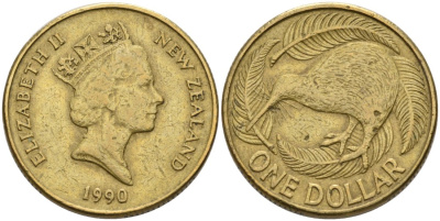 Новая Зеландия 1 доллар 1990 Елизавета II (1952-2022), птица киви KM 78 алюминиевая бронза 29-512