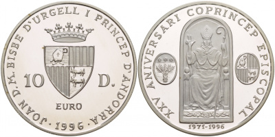 Андорра 10 динеров 1996 25 лет соправления  Жоана Марти-и-Аланиса, ECU KM 125 серебро PROOF 1088-8-22