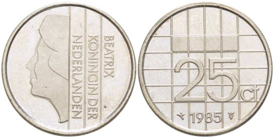 НИДЕРЛАНДЫ 25 ЦЕНТОВ 1985 БЕАТРИКС KM 204 никель 3309-355