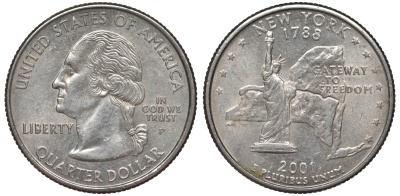 США 25 центов = квотер 2001 Р, серия штаты США, Нью-Йорк KM 318 медь плакированная медно-никелем 4541-417