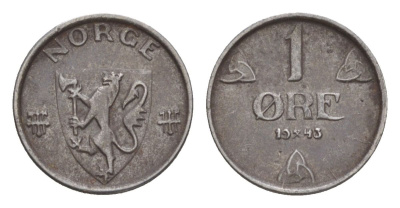 Норвегия 1 эре 1943 Хокон VII (1905-1957) KM 387 железо 4632-1054