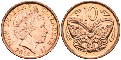 Новая Зеландия 10 центов 2014 маска Маори, Елизавета II (1952-) KM 117а сталь плакированная медью 72-331