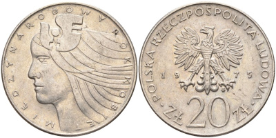 Польша 20 злотых 1975 MW, Международный год женщины KM 75, Parchimowicz 248 медно-никель UNC 4531-1225