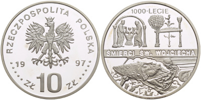 Польша 10 злотых 1997 MW, 1000 летие со дня смерти Святого Адальберта Пражского, тираж 25000 экземпляров KM 321 серебро PROOF 1080-9-23