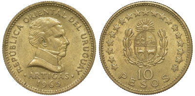 Уругвай 10 песо 1965 KM 48 алюминиевая бронза 69-442