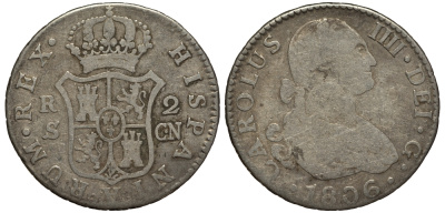 Испания 2 реала 1806 S CN, мондвор (Севилья), Карлос IIII (1788-1808) KM 430.2 ( C69.2) серебро 650-744