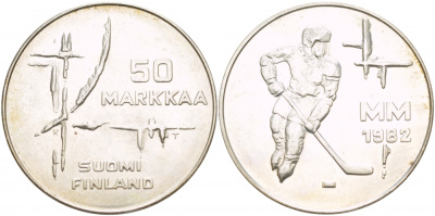 Финляндия 50 марок 1982 K-T, чемпионат мира по хоккею KM 60 серебро UNC 1520-435