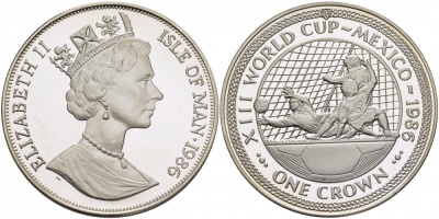 Остров Мэн 1 крона 1986 чемпионат мира по футболу 1986 года в Мексике, три игрока, атака КМ 163b серебро PROOF 1081-1-33