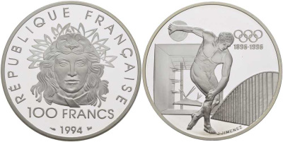 Франция 100 франков 1994 100 лет Олимпийскому движению (1896-1996), дискобол KM 1047 серебро PROOF 1078-1-11