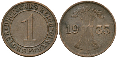 Германия 1 рейхспфенниг 1933 A KM 37, J. 313 бронза 4189-1222