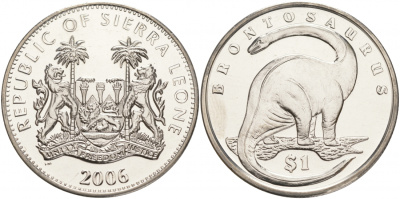 Сьерра-Леоне 1 доллар 2006 серия динозавры, бронтозавр KM 324 медно-никель UNC M20-19