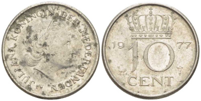 НИДЕРЛАНДЫ 10 ЦЕНТОВ 1977 ЮЛИАНА (1948-1980) KM 182 никель 211-1233
