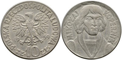 ПОЛЬША 10 ЗЛОТЫХ 1959 НИКОЛАЙ КОПЕРНИК KM 51 медно-никель 441-641