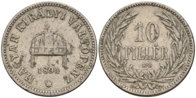 Венгрия 10 филлеров 1894 KB, Франц Иосиф I (1848-1916) KM 482 никель 4151-1055