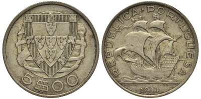 ПОРТУГАЛИЯ 5 ЭСКУДО 1933 ПАРУСНИК KM 581 серебро 1527-422
