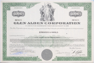 США 6 % ДОЛГОВОЕ ОБЯЗАТЕЛЬСТВО НА 1000 ДОЛЛАРОВ КОМПАНИИ GLEN ALDEN CORPORATION 1988 бумага 5548-2-1-1