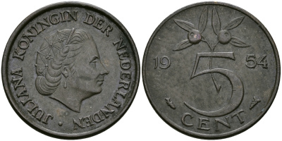 НИДЕРЛАНДЫ 5 ЦЕНТОВ 1954 ЮЛИАНА KM 181 бронза 95-311