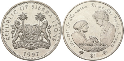 Сьерра-Леоне 1 доллар 1997 Диана - Народная принцесса и Мать Тереза KM 77 медно-никель BU 4368-932