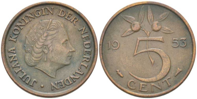 Нидерланды 5 центов 1953 Юлиана (1948-1980) KM 181 бронза 213-1016