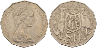 Австралия 50 центов 1980 Елизавета II (1952-2022), герб, кенгуру KM 68 медно-никель 107-122