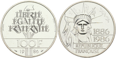 Франция 100 франков 1986 100 лет статуе Свободы на острове Эллис, пифорт, вес 30 грамм KM p972 серебро UNC 1099-3-61