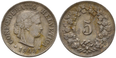 Швейцария 5 раппенов 1948 B KM 26 медно-никель 4189-326