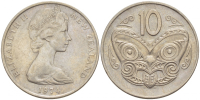 Новая Зеландия 10 центов 1974 Елизавета II (1952-2022), маска маори KM 41.1 медно-никель 212-1136