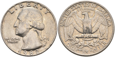 США 25 центов = квотер 1982 P, Вашингтон KM A164a медь плакированная медно-никелем 4584-1141